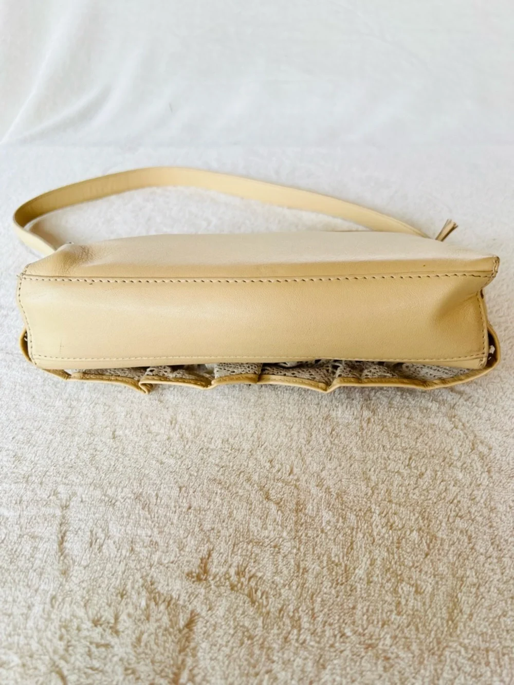 BRIGHTON COLLECTION Laser Cut Lace Tiered Ruffle Leather Shoulder Handbag